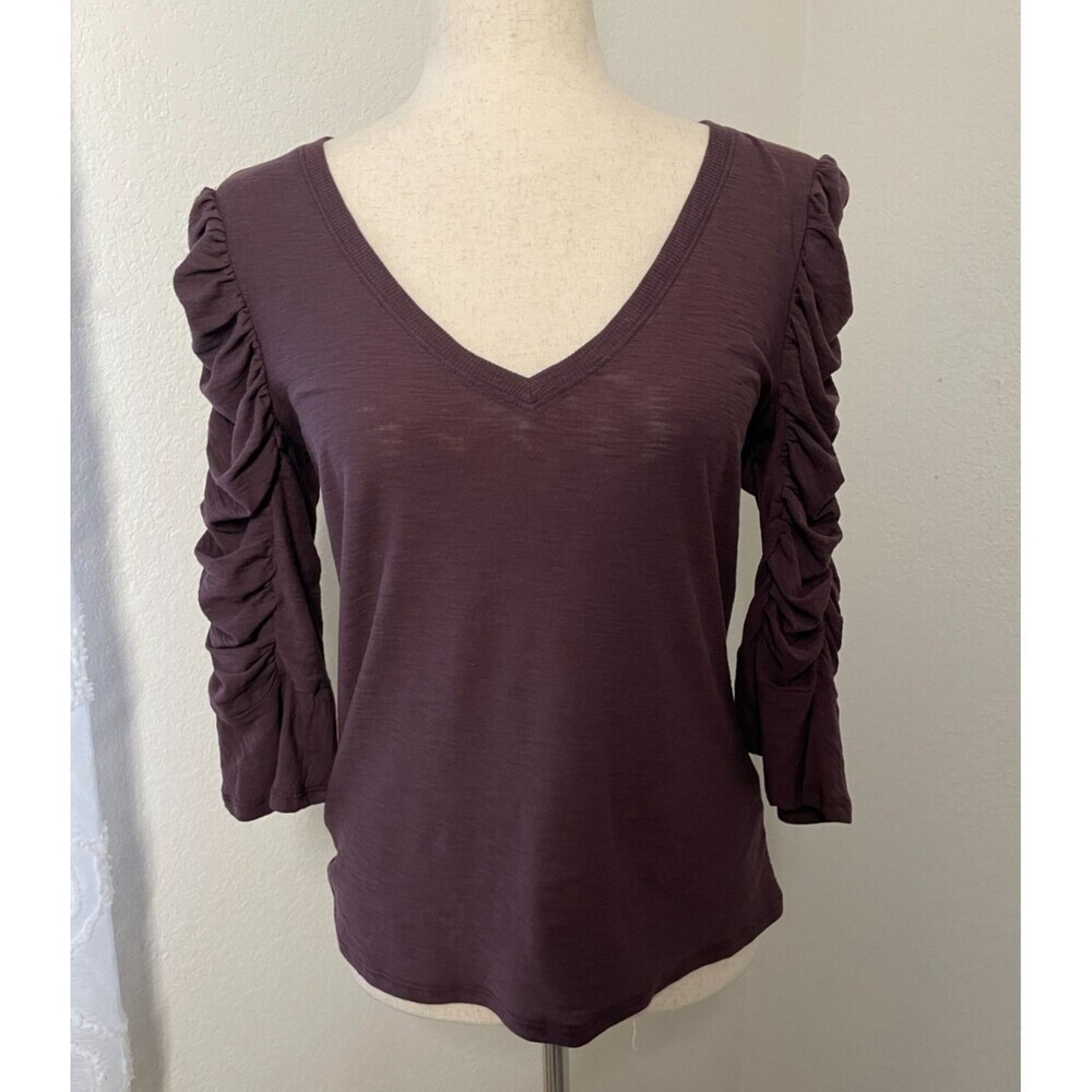 Nation LTD Womens Silvia Top Size S Ruched Flounce Purple Raisin Pima Cotton